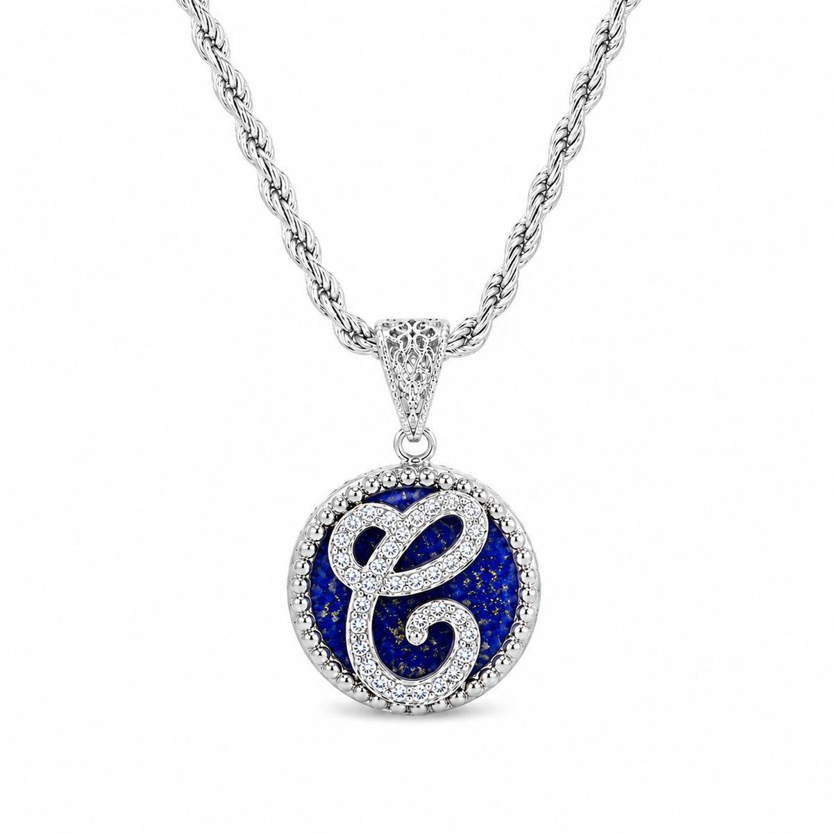 collana con pendente "lettera" piccolo lapislazzuli bianco rodiato
