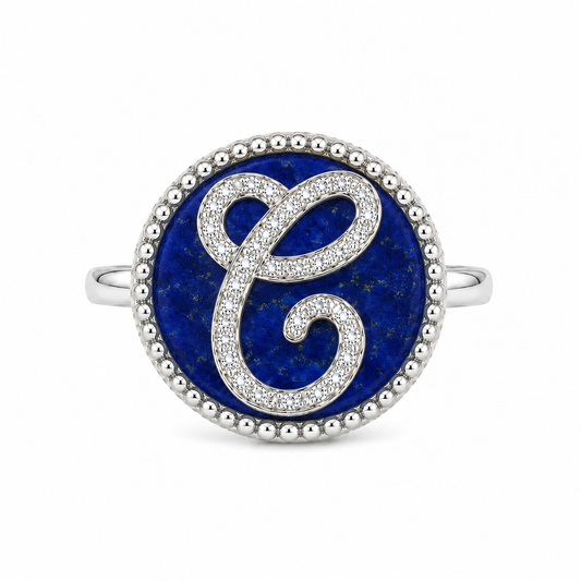 Anello "Lettera" Lapislazzuli Bianco Rodiato