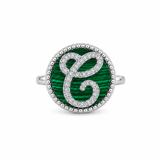 Anello "Lettera" Malachite Bianco Rodiato