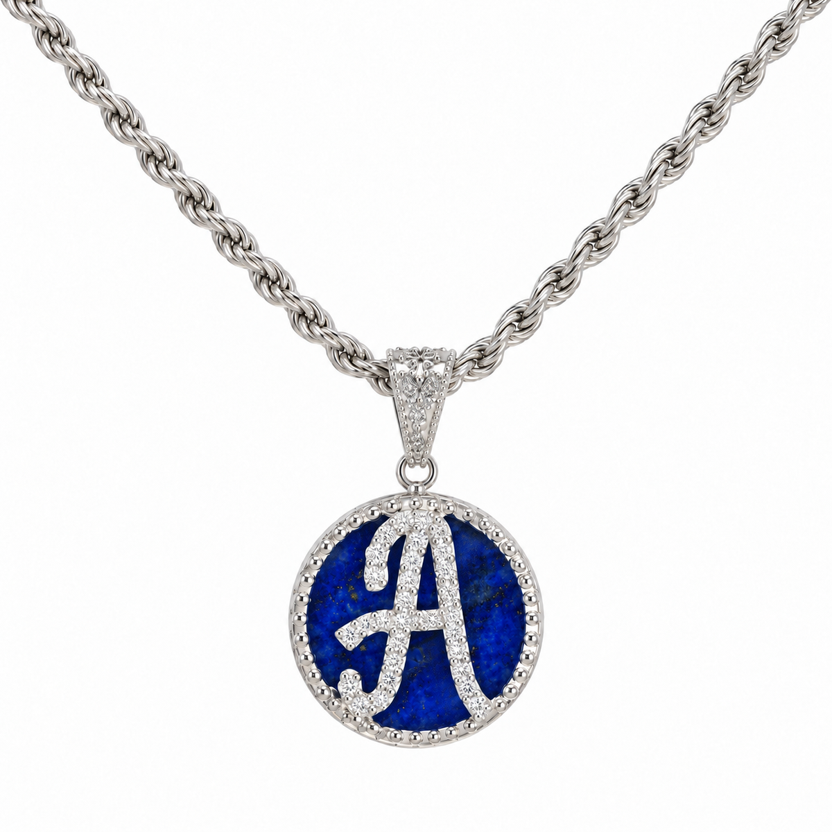 collana con pendente "lettera" piccolo lapislazzuli bianco rodiato