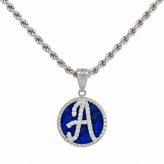 Collana con Pendente "Lettera" Piccolo Lapislazzuli Bianco Rodiato