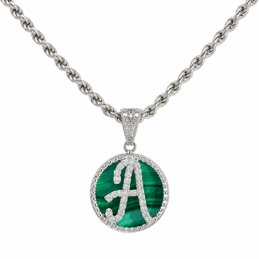 Collana con Pendente "Lettera" Piccolo Malachite Bianco Rodiato