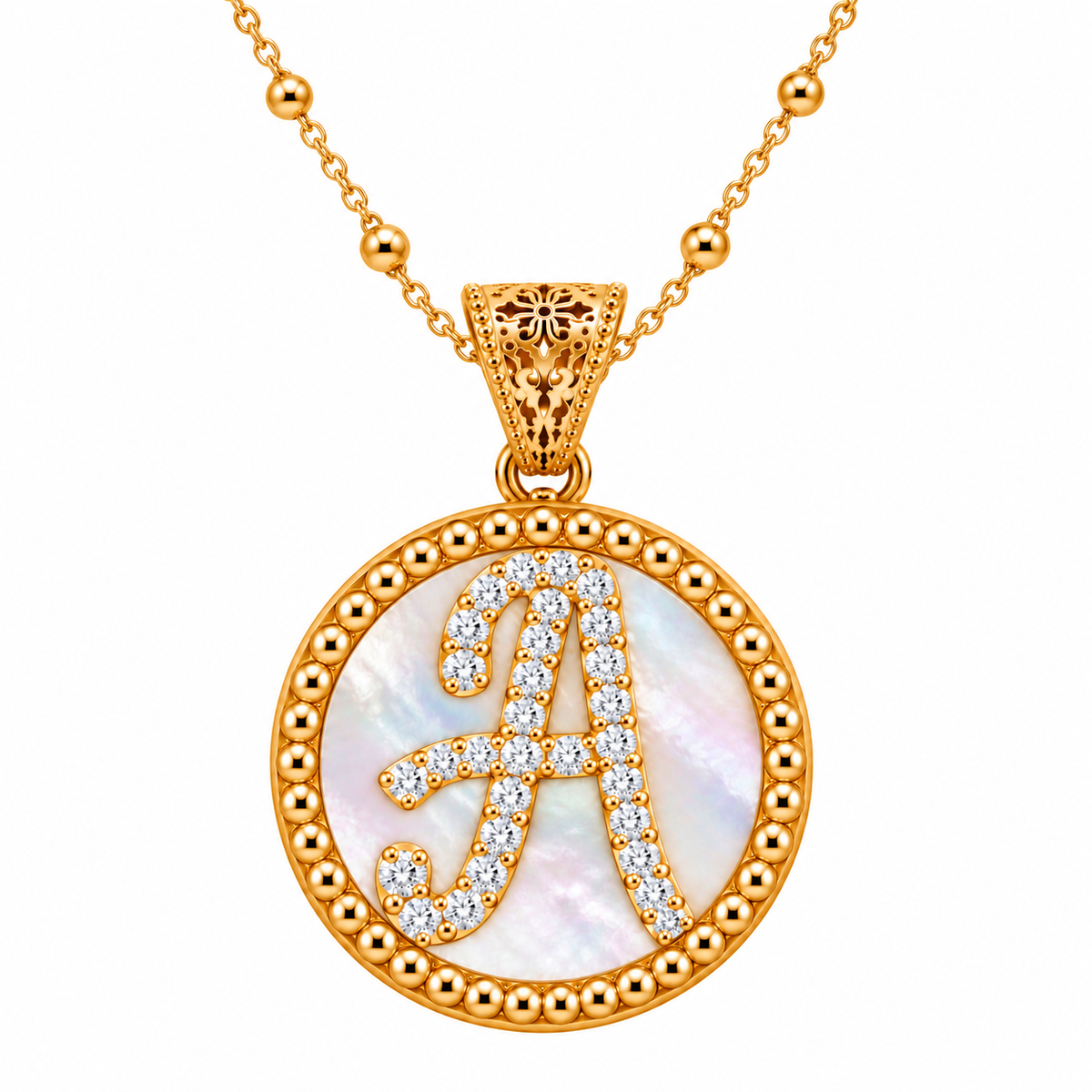 collana con pendente "lettera" piccolo madreperla dorato con forzatina