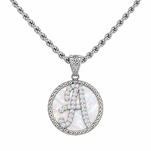 Collana con Pendente "Lettera" Piccolo Madreperla Bianco Rodiato