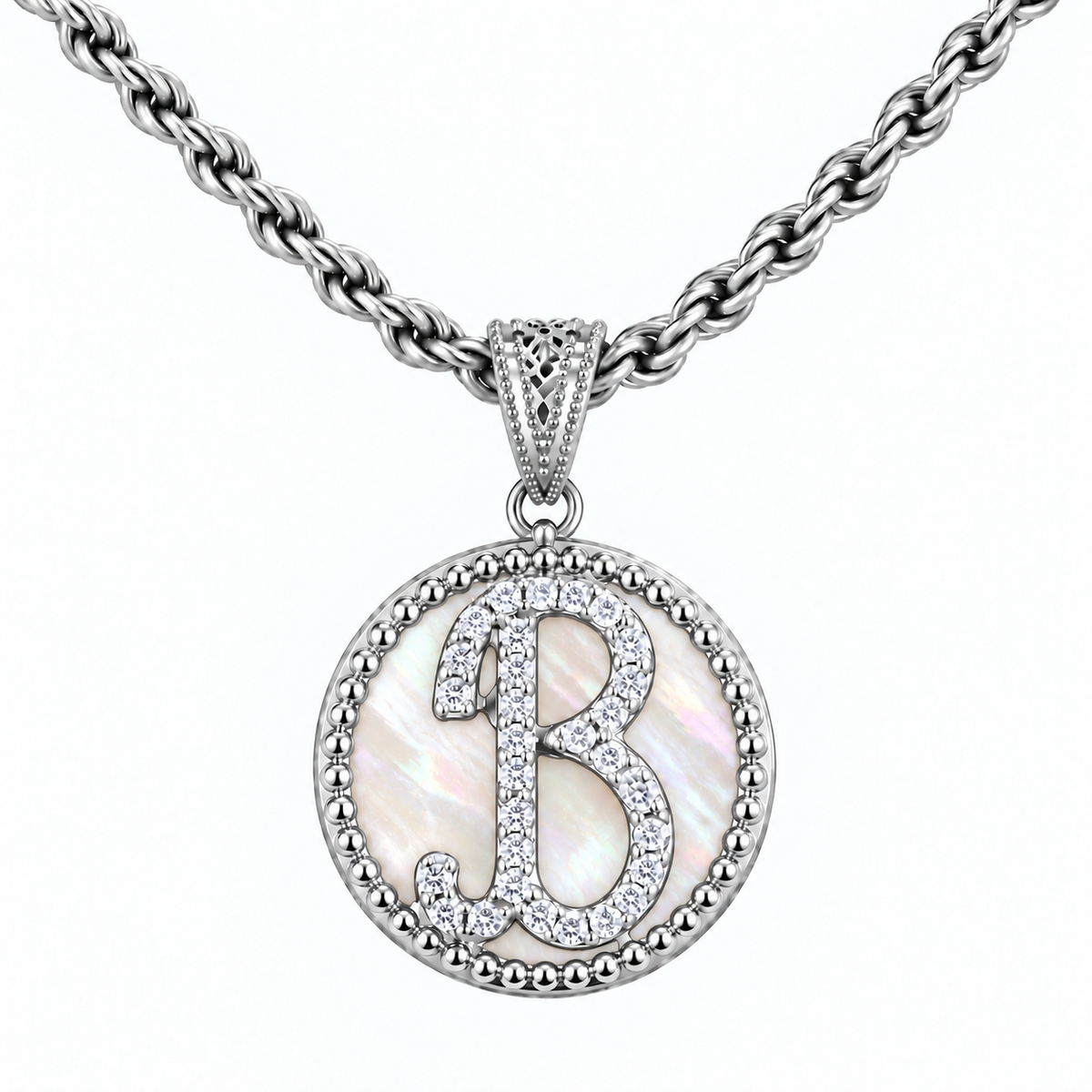 collana con pendente "lettera" grande madreperla bianco rodiato