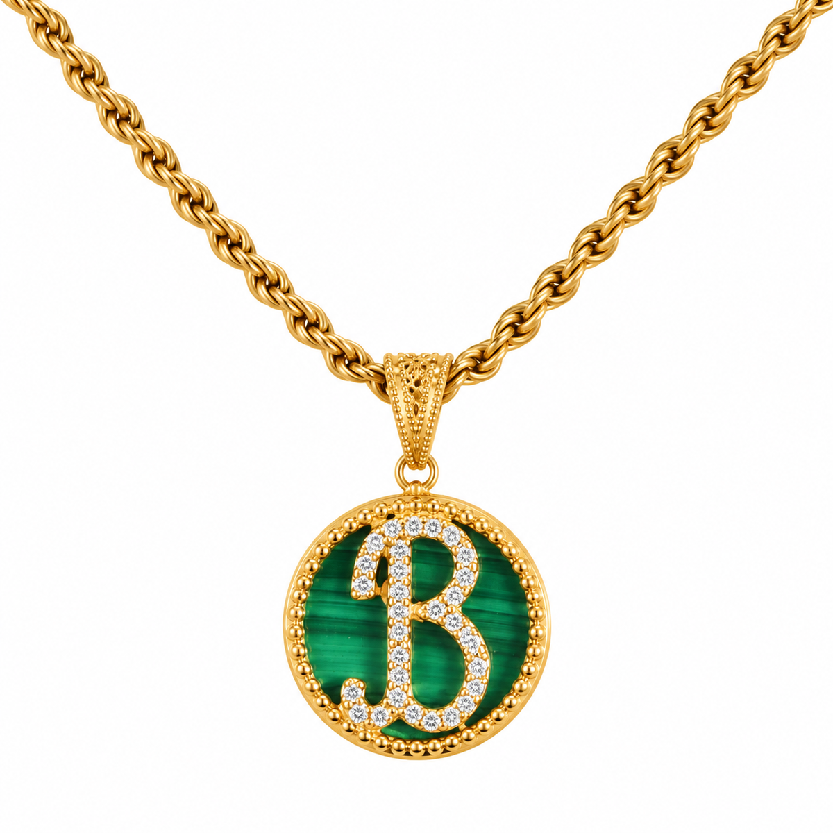 collana con pendente "lettera" piccolo malachite dorato