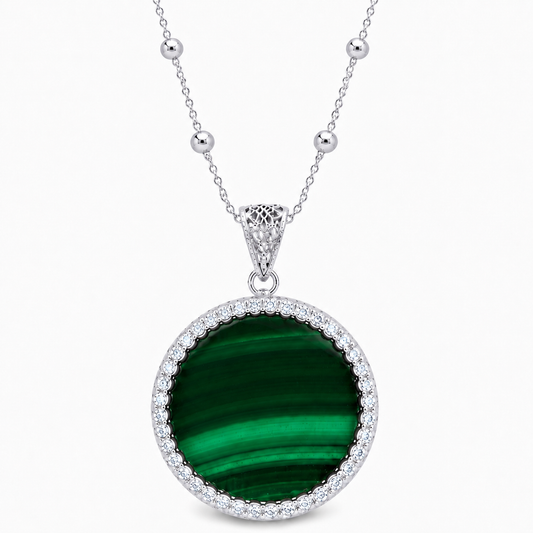 Pendente "Sole" Grande Malachite Bianco Rodiato con Forzatina