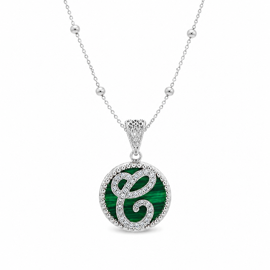 Pendente "Lettera" Piccolo Malachite Bianco Rodiato con Forzatina