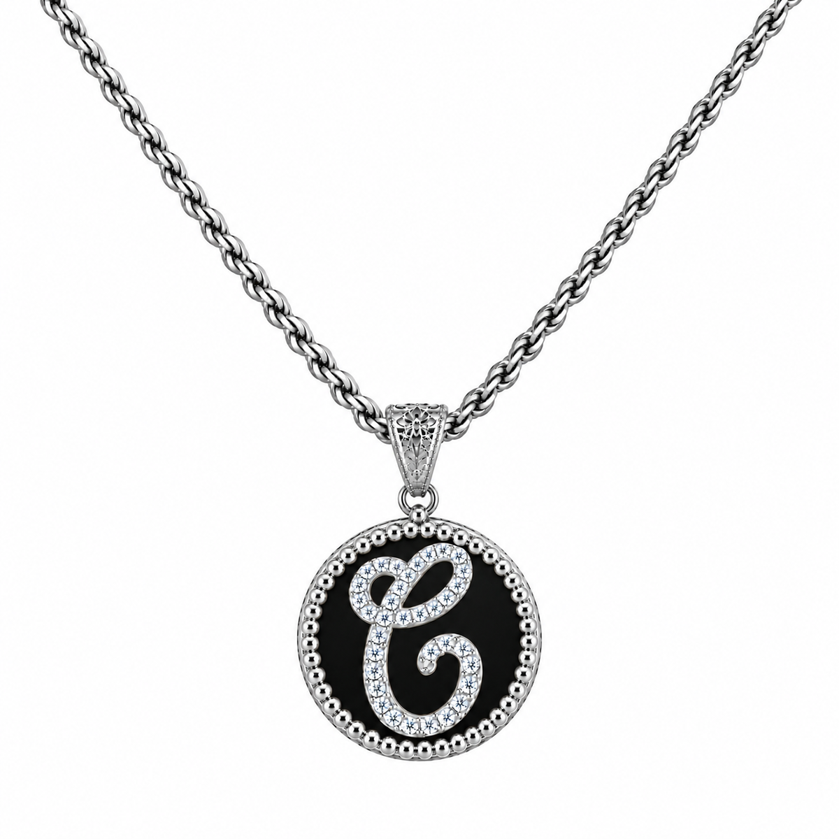 collana con pendente "lettera" piccola onice bianco rodiato