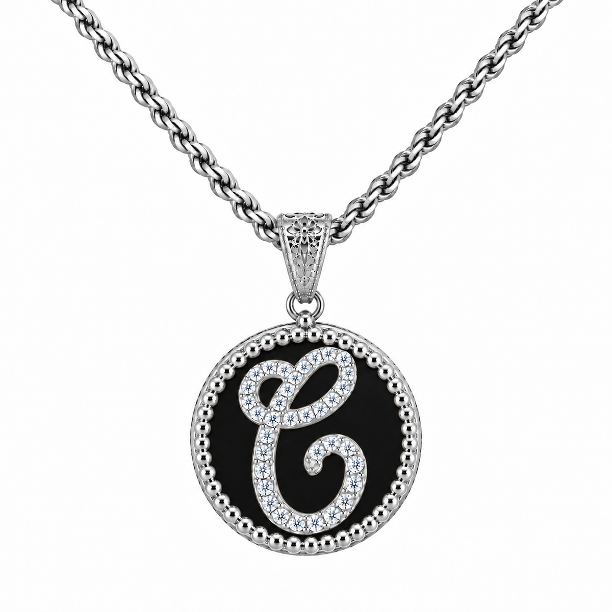 collana con pendente "lettera" grande onice bianco rodiato