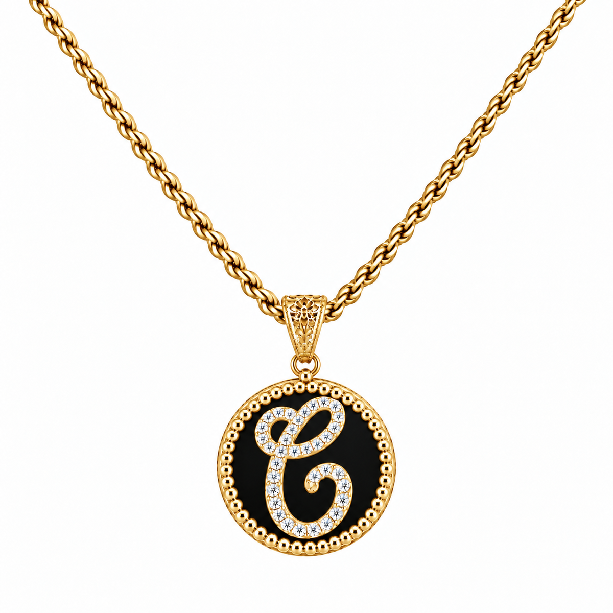 collana con pendente "lettera" piccolo onice dorato