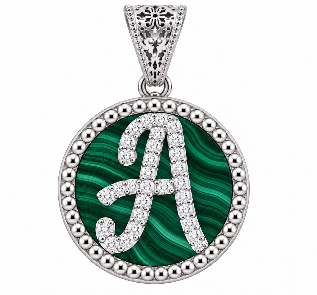 collana con pendente "lettera" piccolo malachite bianco rodiato