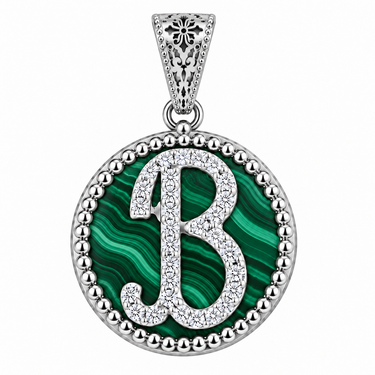 collana con pendente "lettera" piccolo malachite bianco rodiato