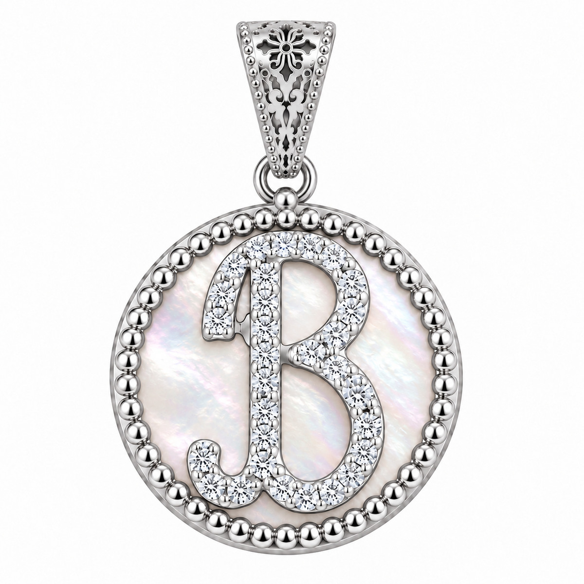 collana con pendente "lettera" piccolo madreperla bianco rodiato con forzatina