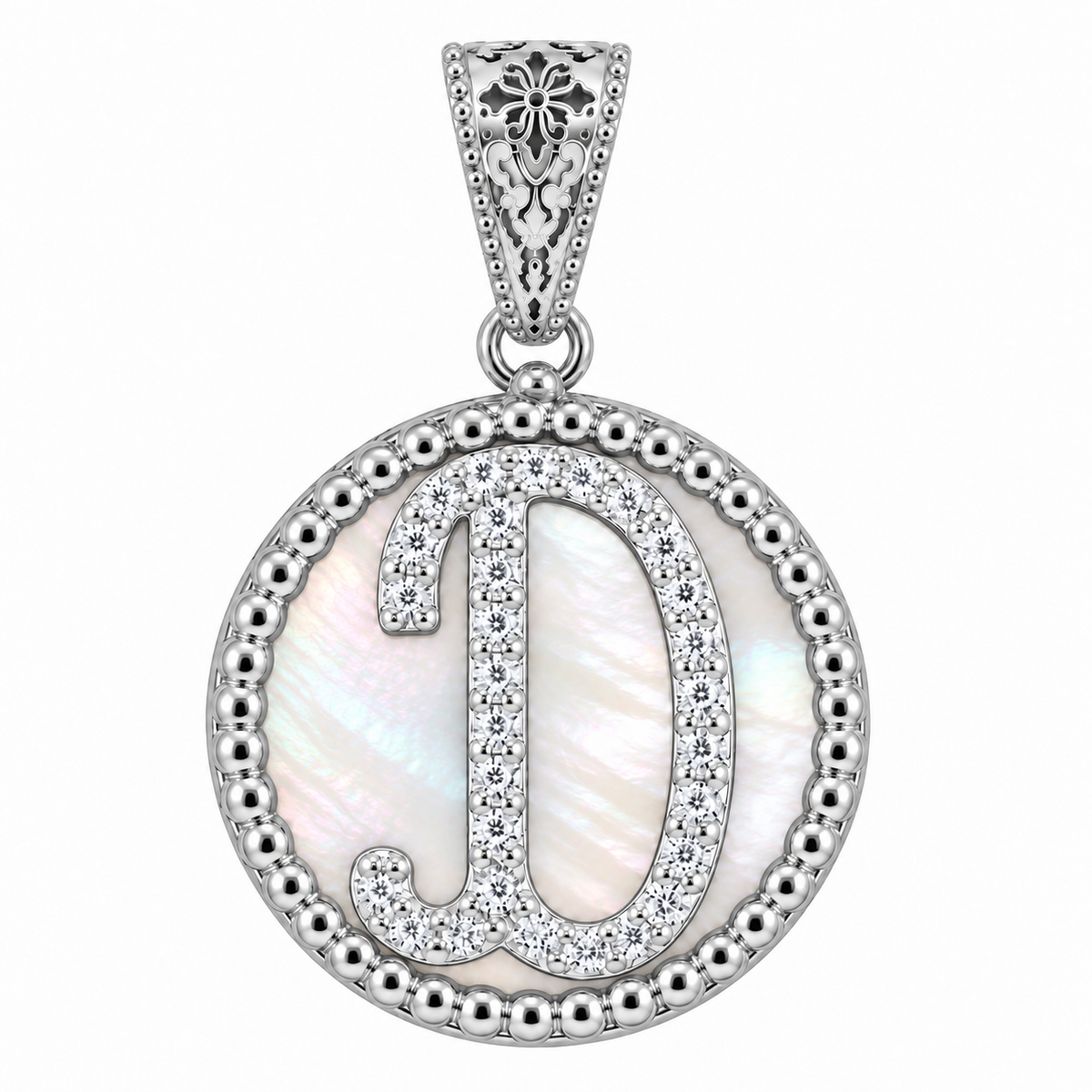 collana con pendente "lettera" piccolo madreperla bianco rodiato con forzatina