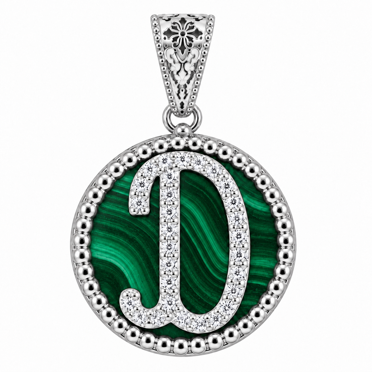 collana con pendente "lettera" piccolo malachite bianco rodiato