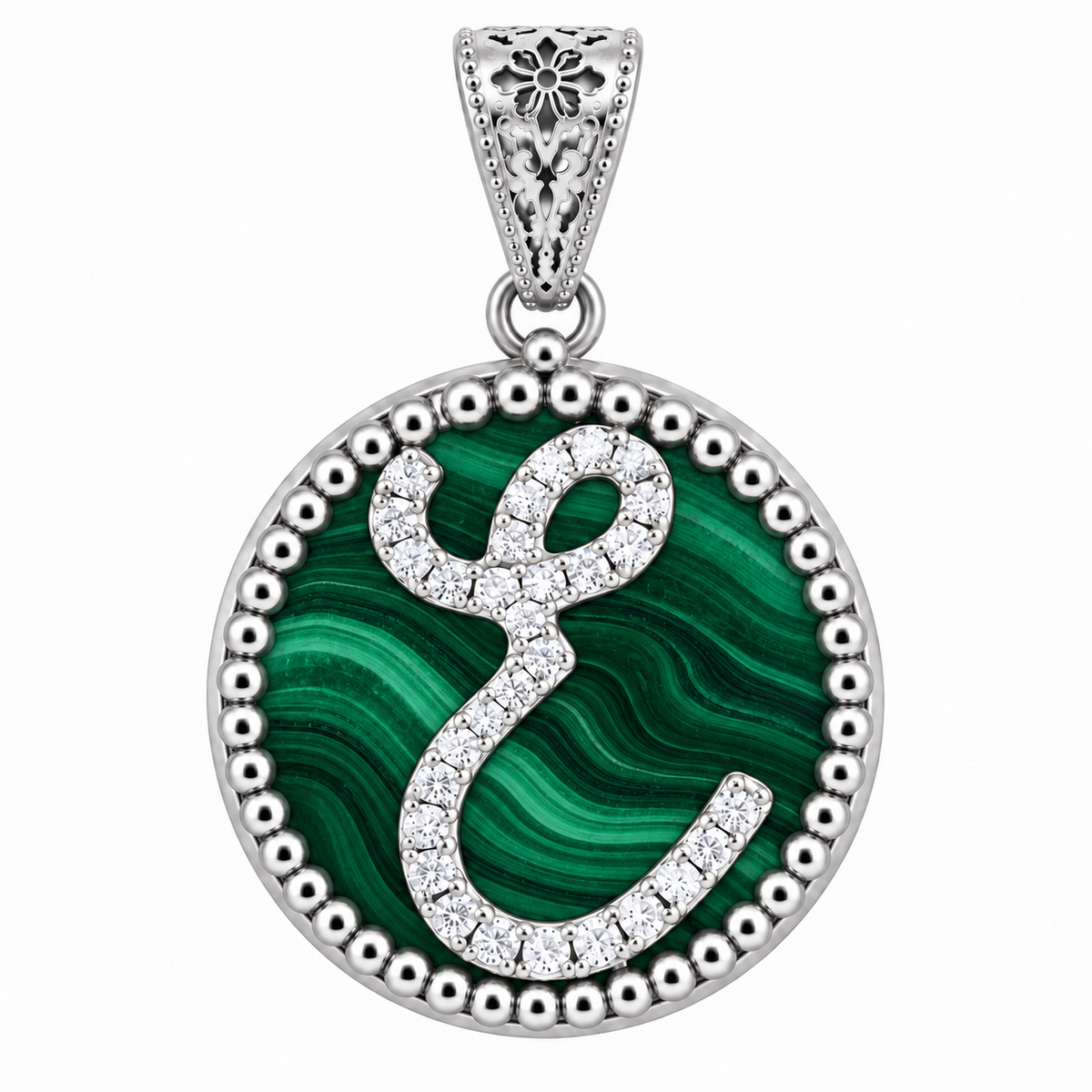 collana con pendente "lettera" piccolo malachite bianco rodiato