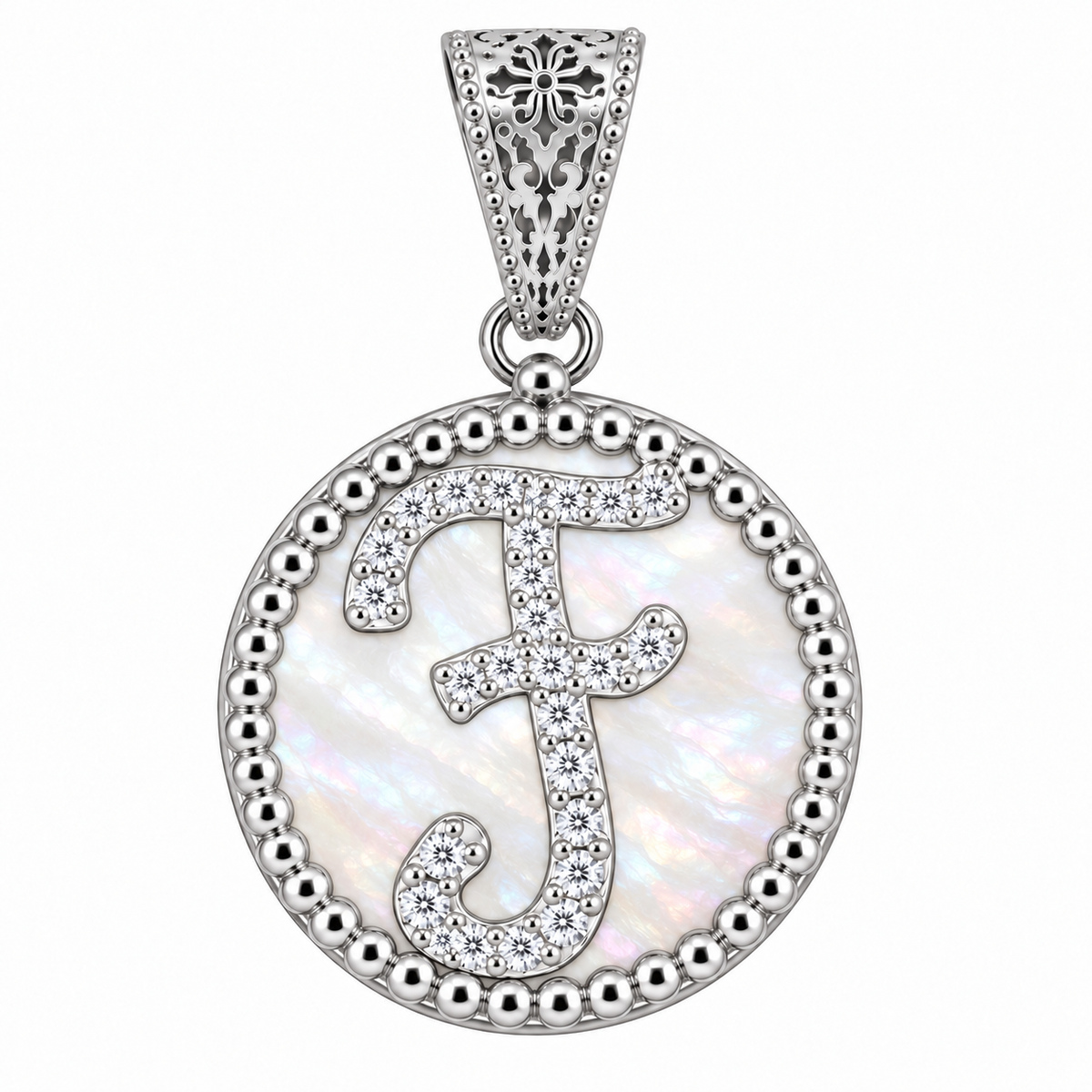 collana con pendente "lettera" piccolo madreperla bianco rodiato con forzatina