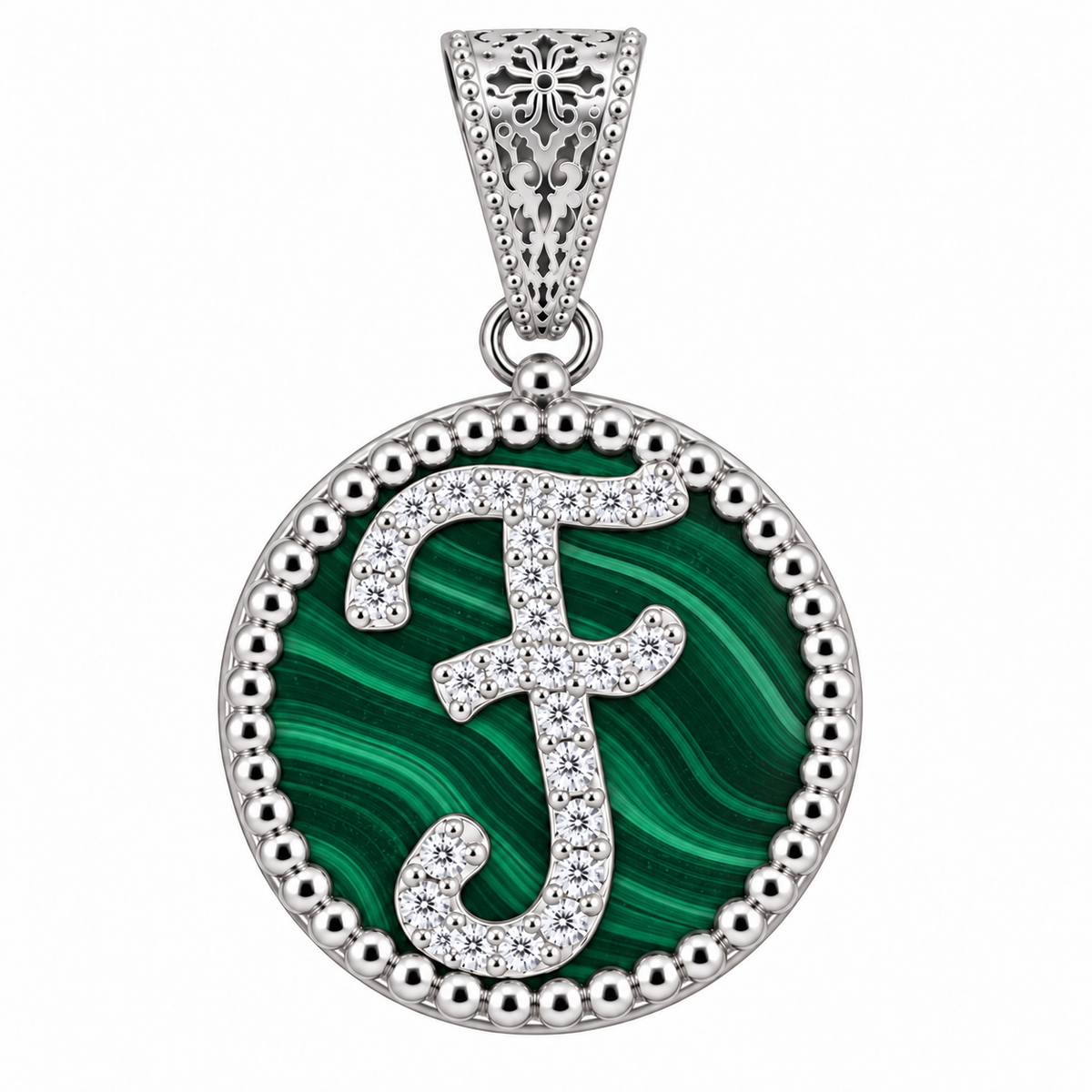 collana con pendente "lettera" piccolo malachite bianco rodiato