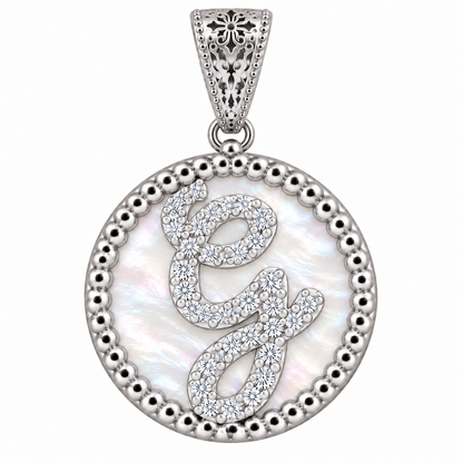 Collana con Pendente "Lettera" Piccolo Madreperla Bianco Rodiato con Forzatina