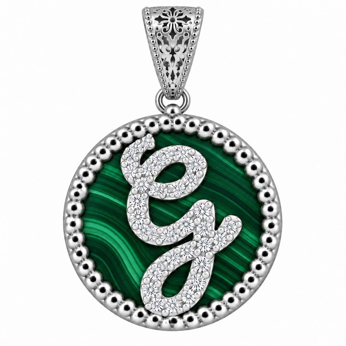 collana con pendente "lettera" piccolo malachite bianco rodiato