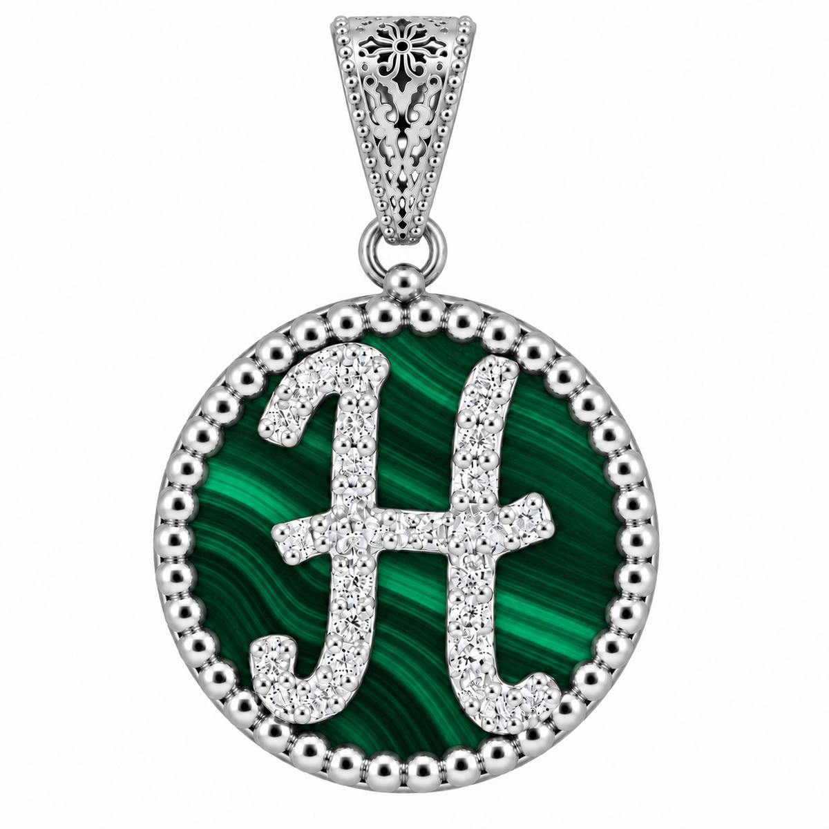 collana con pendente "lettera" piccolo malachite bianco rodiato