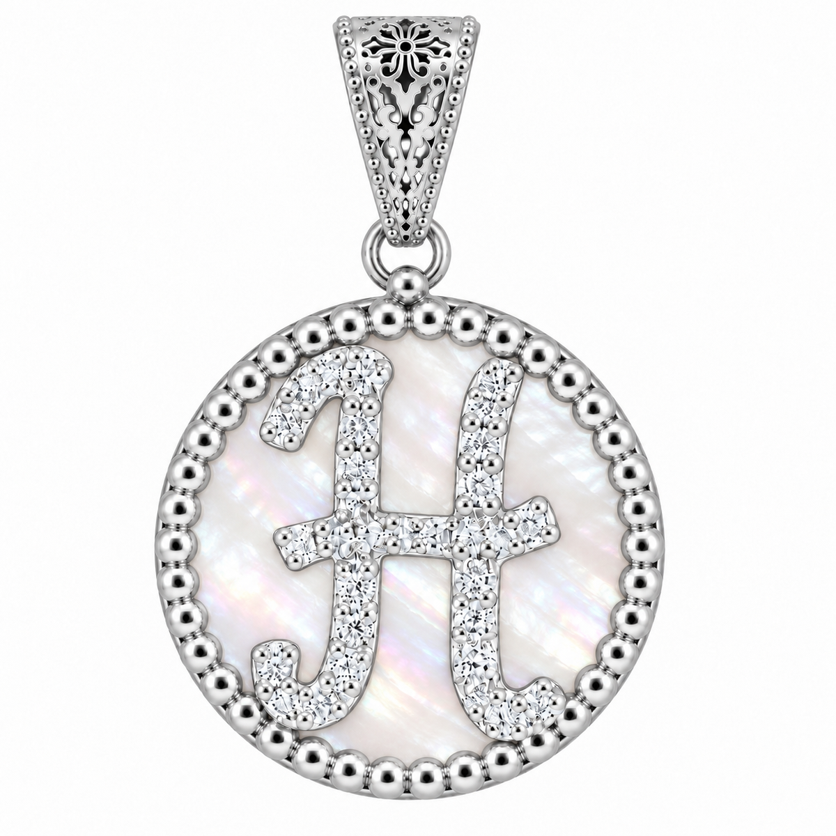 collana con pendente "lettera" piccolo madreperla bianco rodiato con forzatina