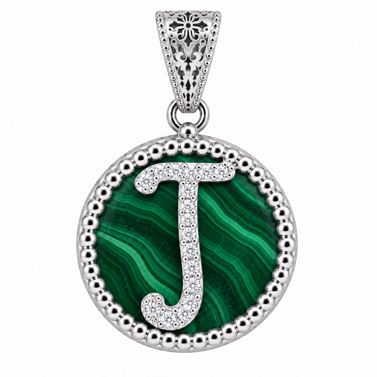 collana con pendente "lettera" piccolo malachite bianco rodiato