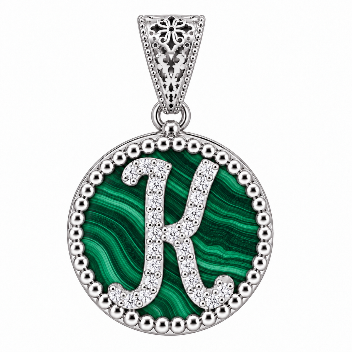 collana con pendente "lettera" piccolo malachite bianco rodiato