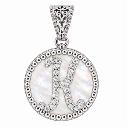 Collana con Pendente "Lettera" Piccolo Madreperla Bianco Rodiato con Forzatina