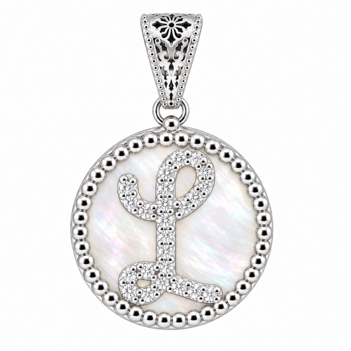 collana con pendente "lettera" piccolo madreperla bianco rodiato con forzatina