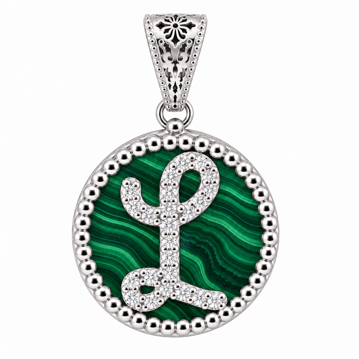 collana con pendente "lettera" piccolo malachite bianco rodiato