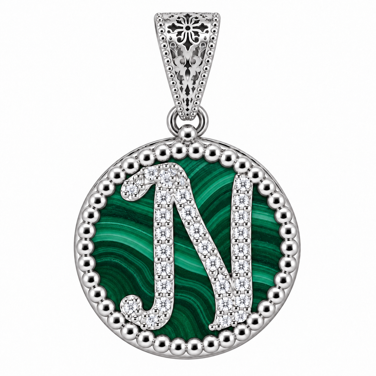 collana con pendente "lettera" piccolo malachite bianco rodiato