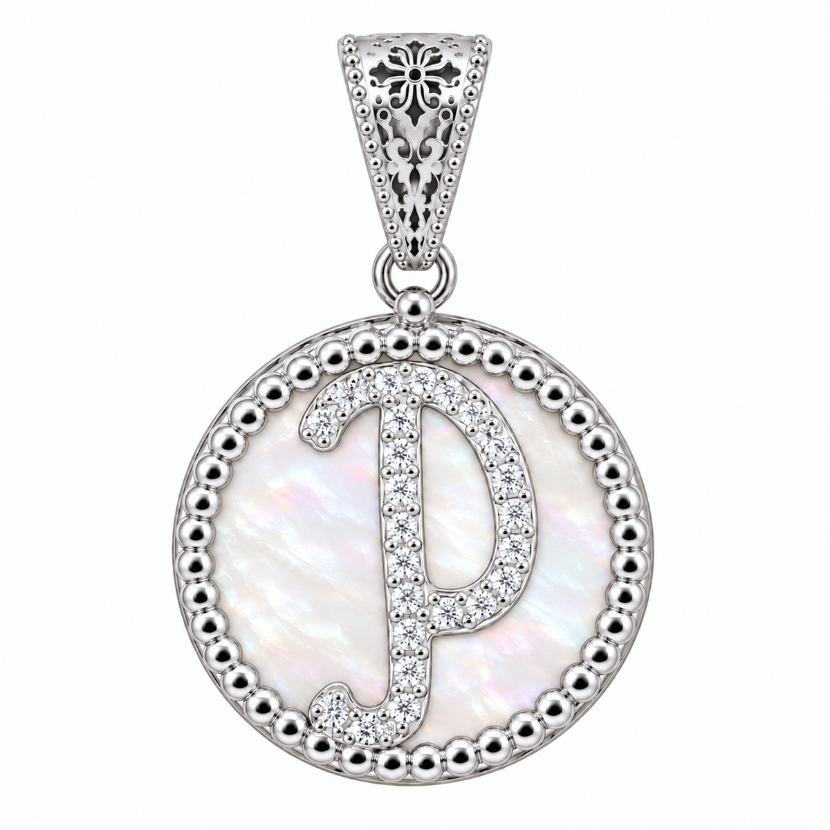 collana con pendente "lettera" piccolo madreperla bianco rodiato con forzatina