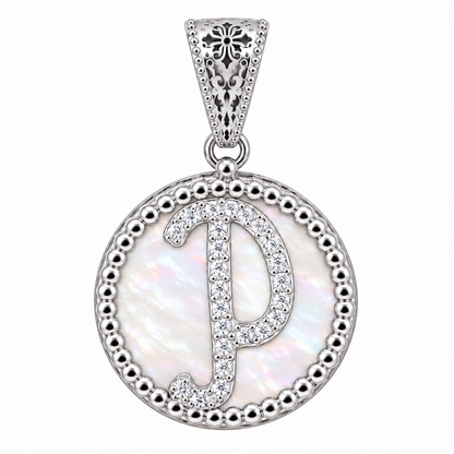 Collana con Pendente "Lettera" Piccolo Madreperla Bianco Rodiato con Forzatina