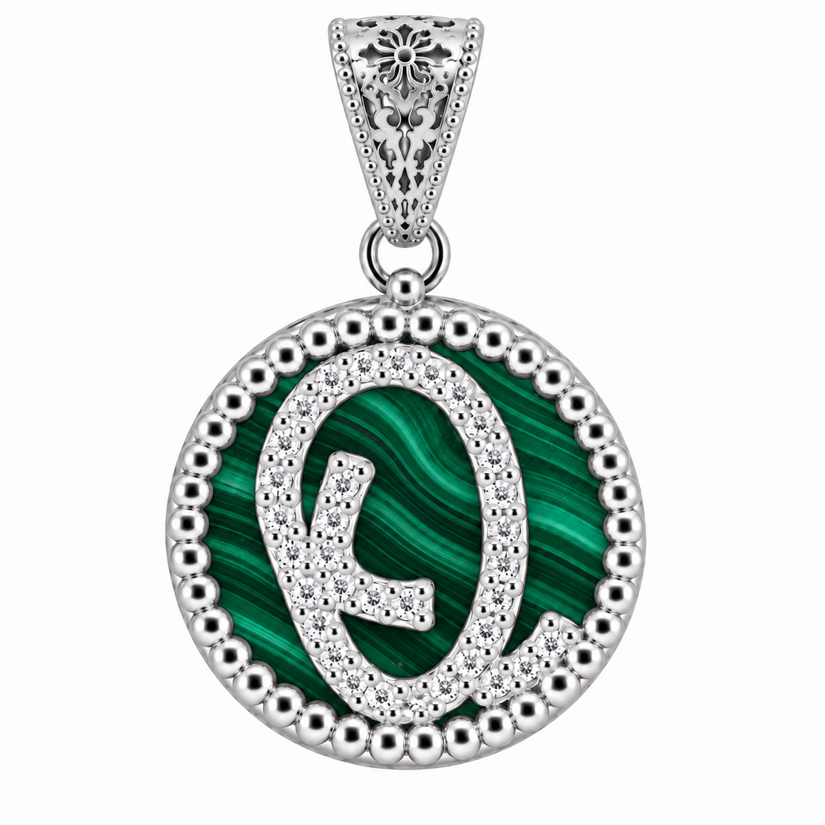 collana con pendente "lettera" piccolo malachite bianco rodiato