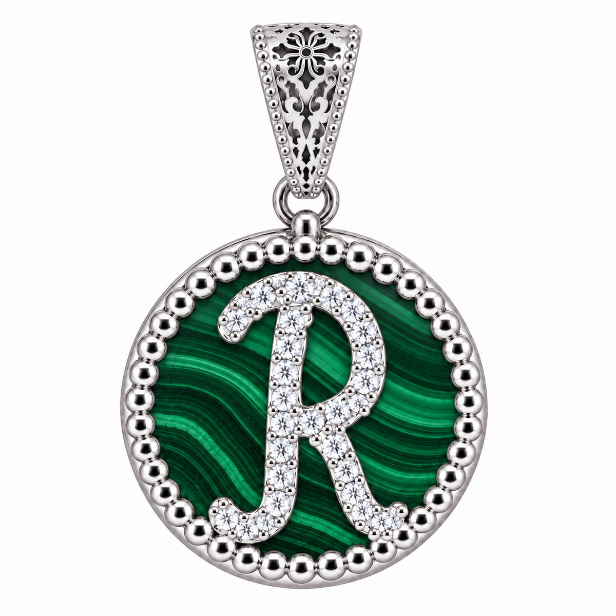 collana con pendente "lettera" piccolo malachite bianco rodiato