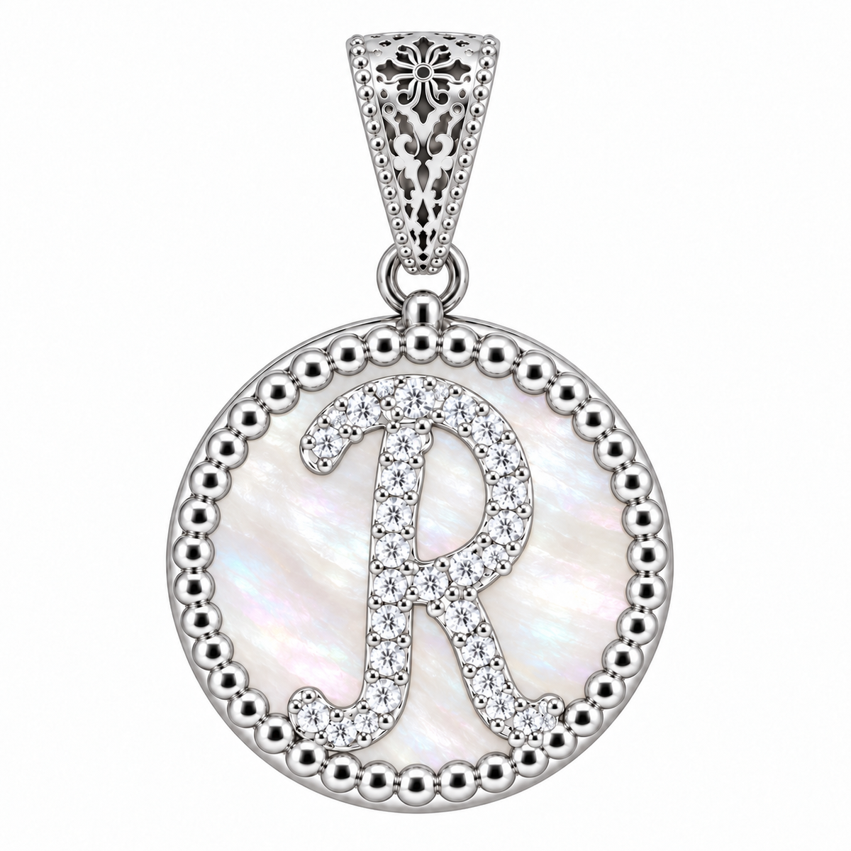 collana con pendente "lettera" piccolo madreperla bianco rodiato con forzatina