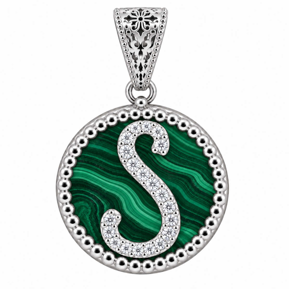 collana con pendente "lettera" piccolo malachite bianco rodiato