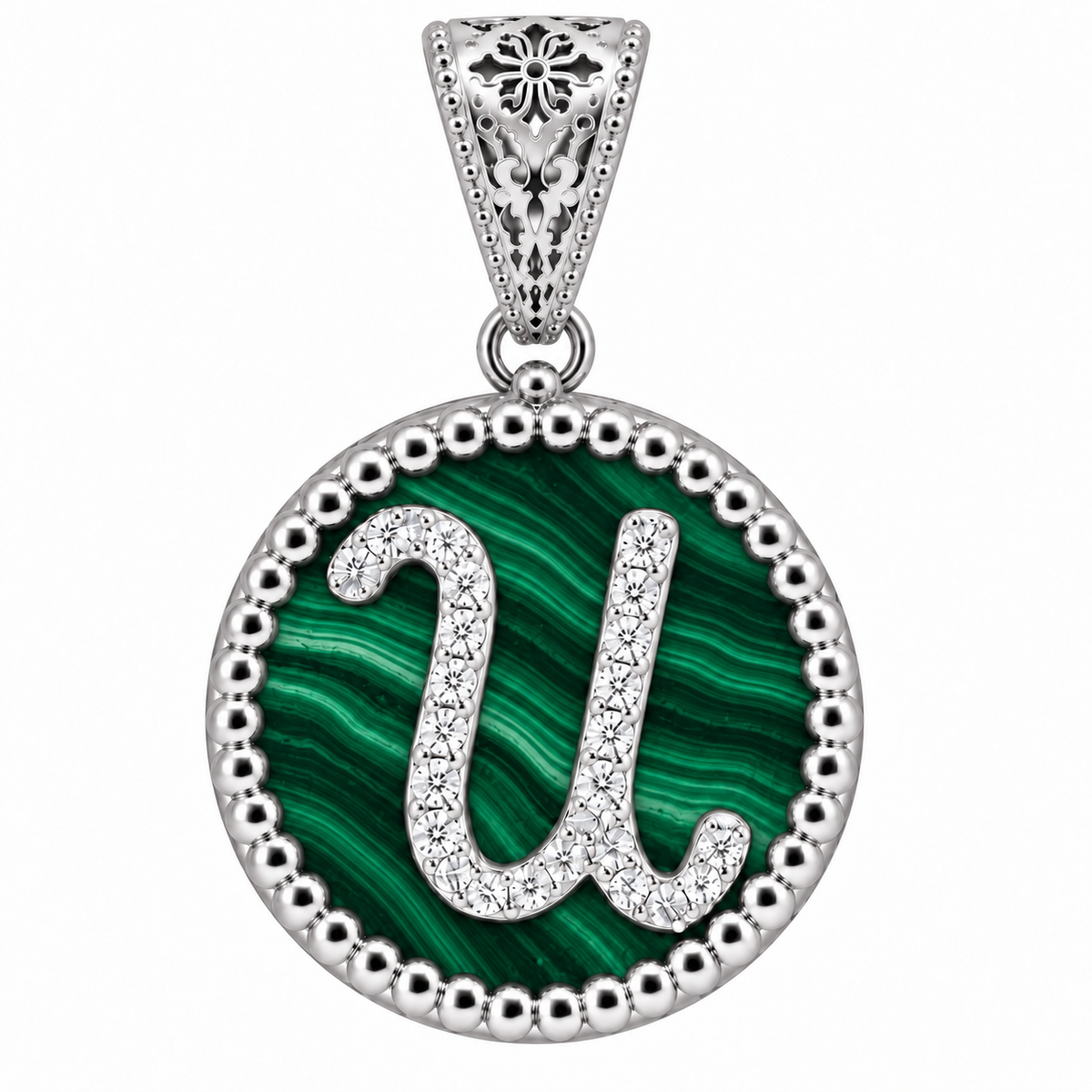 collana con pendente "lettera" piccolo malachite bianco rodiato