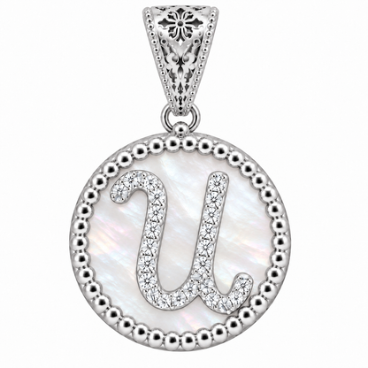 Collana con Pendente "Lettera" Piccolo Madreperla Bianco Rodiato con Forzatina