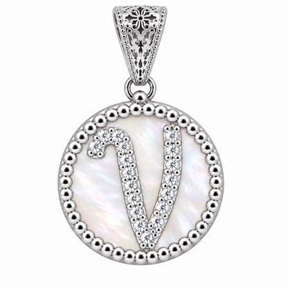 Collana con Pendente "Lettera" Piccolo Madreperla Bianco Rodiato con Forzatina