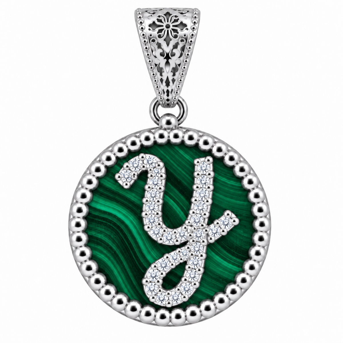 collana con pendente "lettera" piccolo malachite bianco rodiato
