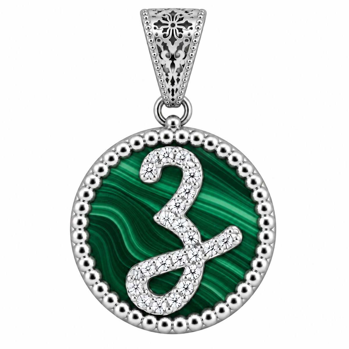 collana con pendente "lettera" piccolo malachite bianco rodiato
