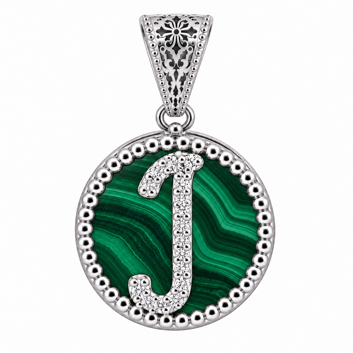 collana con pendente "lettera" piccolo malachite bianco rodiato