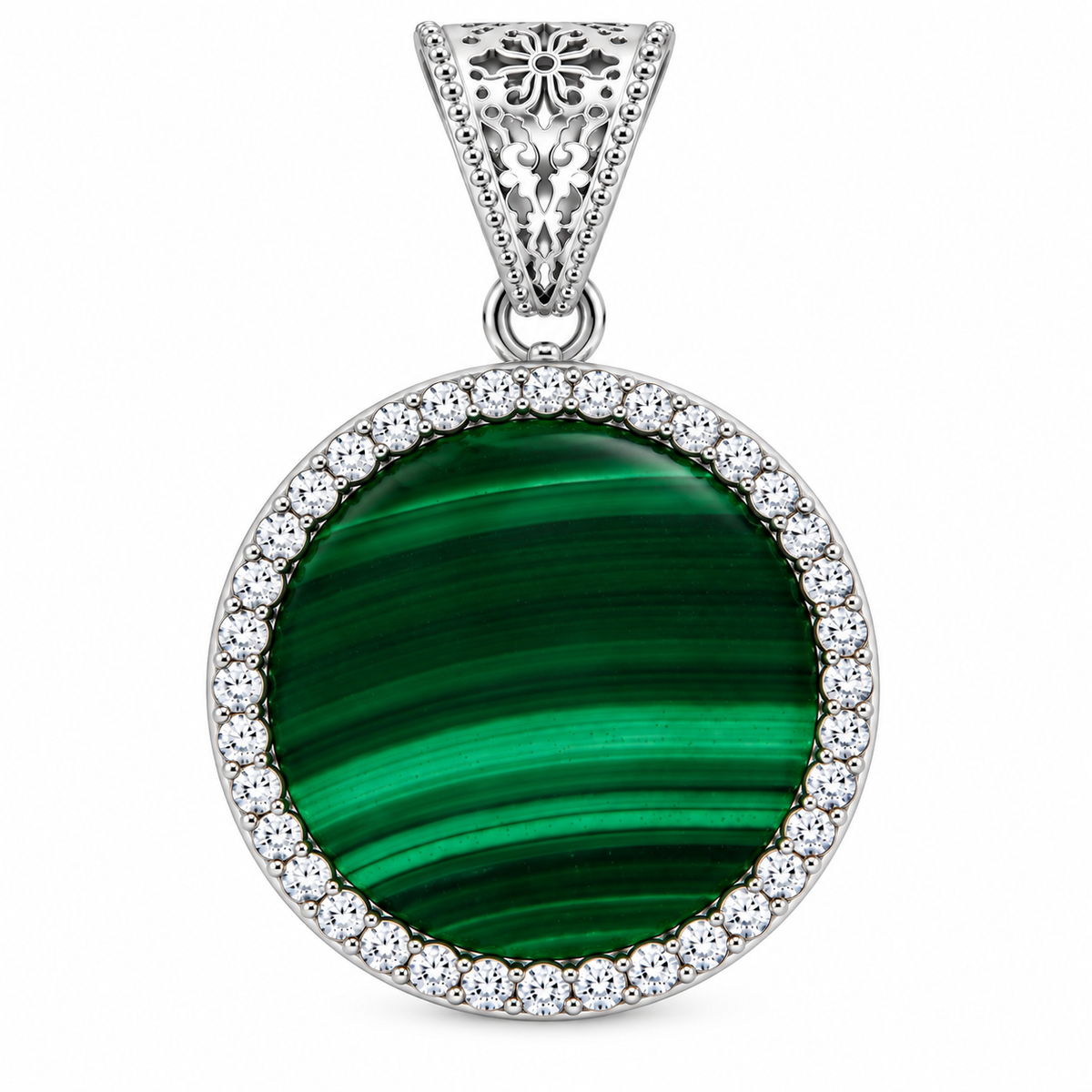 collana con pendente "sole" grande malachite bianco rodiato con forzatina