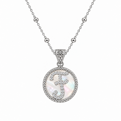 Collana con Pendente "Lettera" Piccolo Madreperla Bianco Rodiato con Forzatina