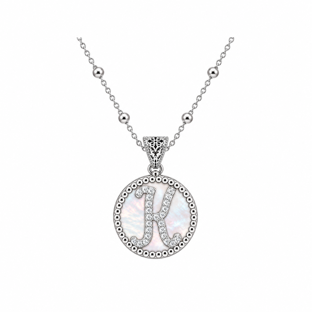 collana con pendente "lettera" piccolo madreperla bianco rodiato con forzatina