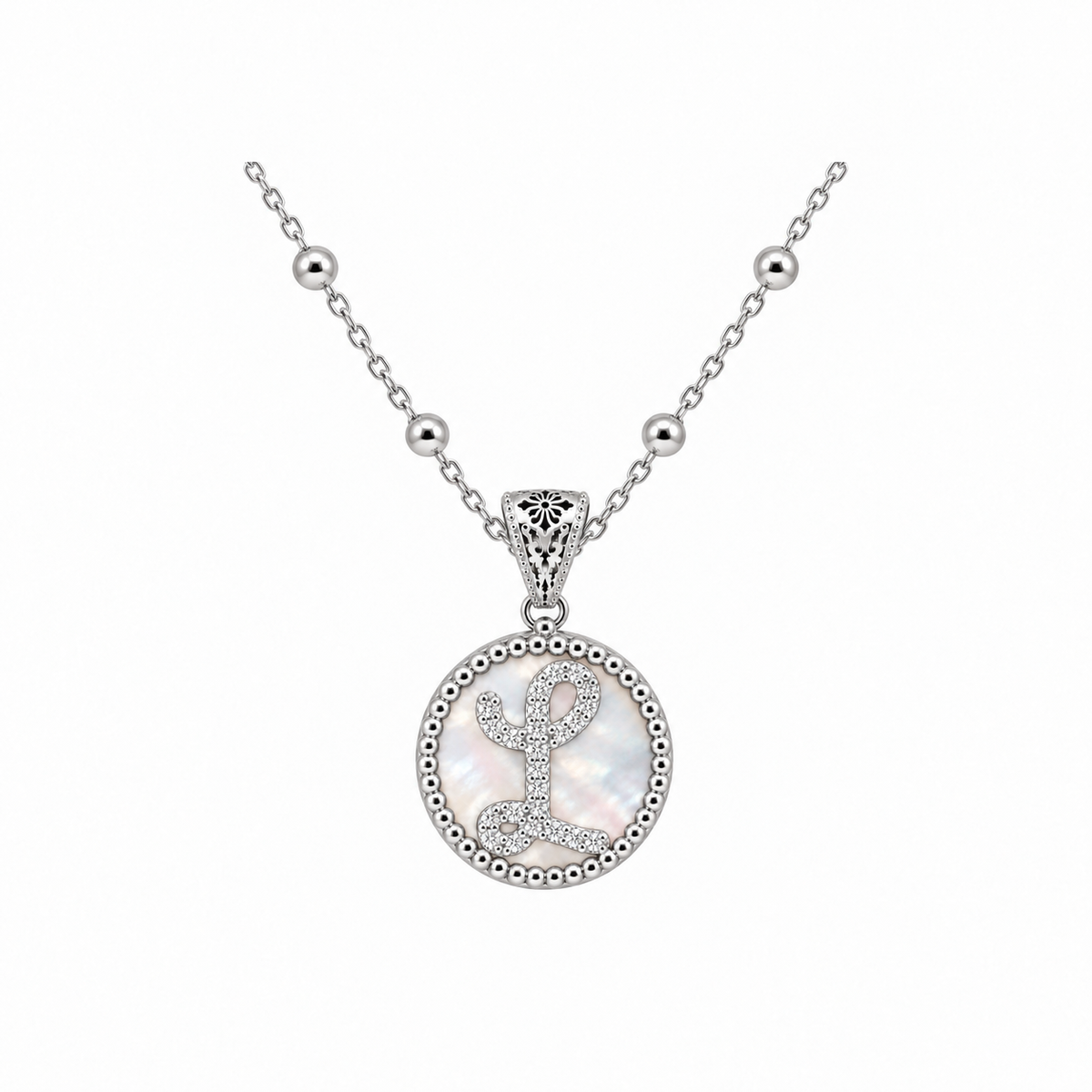 collana con pendente "lettera" piccolo madreperla bianco rodiato con forzatina