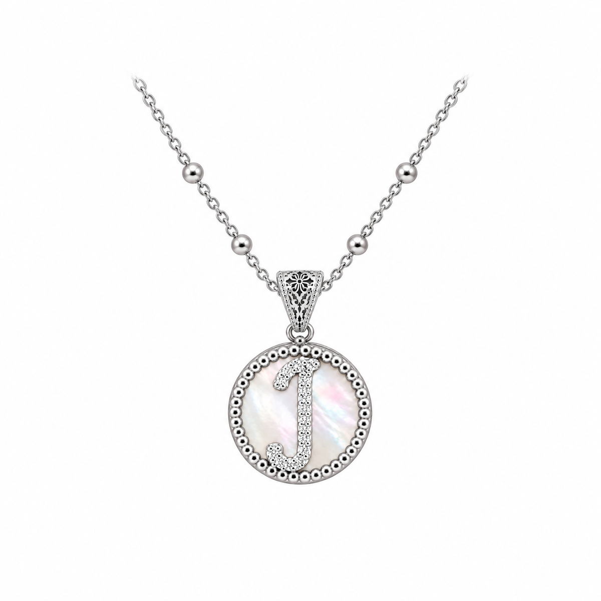 collana con pendente "lettera" piccolo madreperla bianco rodiato con forzatina